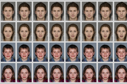 Caption: Examples of morph sequence stimuli from low intensity (left) to high intensity (right). From top to bottom; male adult angry sequence, female adult surprise sequence, male child happy sequence, female child sad sequence. 