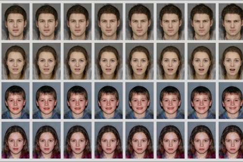 Caption: Examples of morph sequence stimuli from low intensity (left) to high intensity (right). From top to bottom; male adult angry sequence, female adult surprise sequence, male child happy sequence, female child sad sequence. 