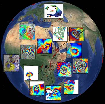 Image of the Earth with satellite iamges of volcanoes superimposed
