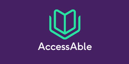 AccessAble logo. Green outline of a graphic resembling an open book against a purple background, with 'AccessAble' underneath in white.