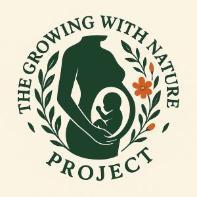 Growing with Nature logo featuring a silhouette of a pregnant woman partially surrounded by leaves and flowers