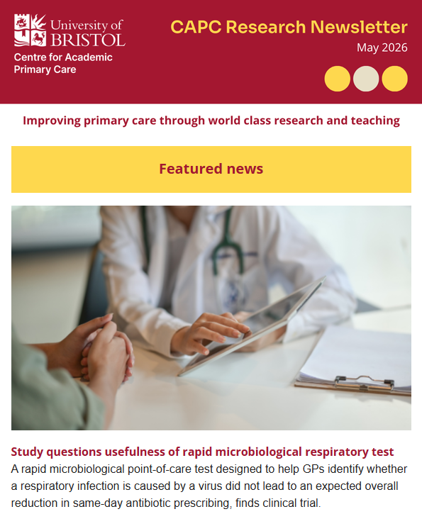Front page of newsletter with featured image of doctor showing test results to patient on a tablet.
