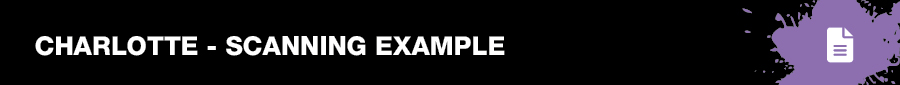 Header showing you are on the Charlotte Scanning example page in black with a colour splash logo to the right hand side