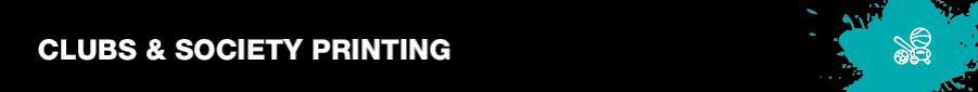 Header showing you are on the Clubs and Society Printing page in black with a colour splash logo to the right hand side