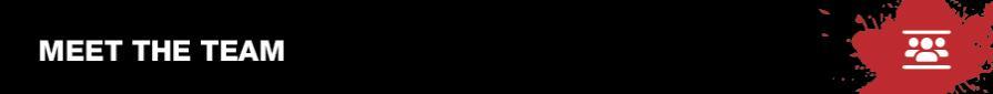 Header showing you are on the Meet the team page in black with a colour splash logo to the right hand side