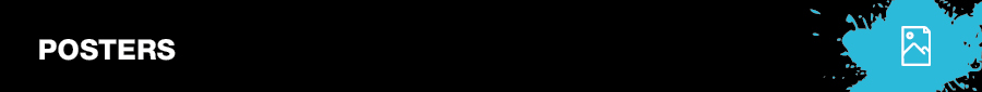 Header showing you are on the Posters page in black with a colour splash logo to the right hand side