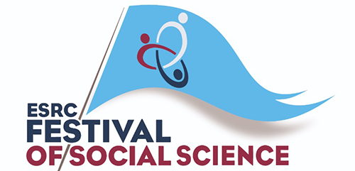 Logo. Pale blue flag with abstract design and text: ESRC Festival of Science