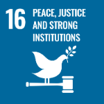 An image of a dove holding branch in its beak and a gavel with legs representing Sustainable Development Goal 16 Peace Justice and Strong Institutions