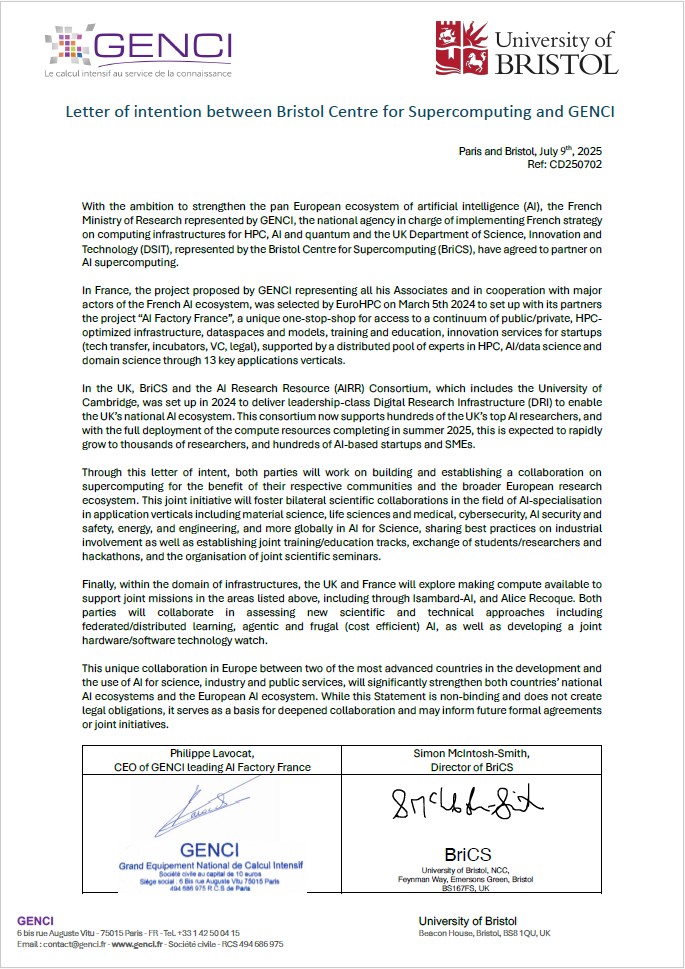 The signed letter of intention between GENCI and BriCS