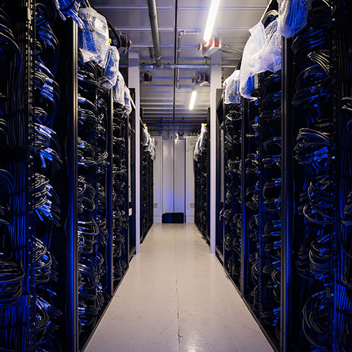 View on inside of Isambard with rows of black servers