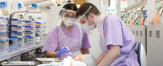 two dental students in purple scrubs and PPE examine a mannequin's teeth