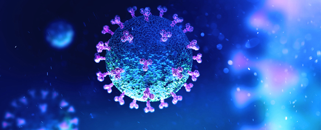 a blue and purple covid bacteria on a dark blue background