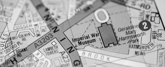 a black and white map showing the Imperial War Museum and surrounding area