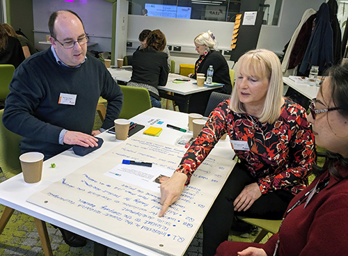 Workshop discussion between LEAP university partner colleagues Professor Paul Harper (Cardiff University), Professor Janice Kiely (UWE Bristol) and Laura Wang (University of Bristol).