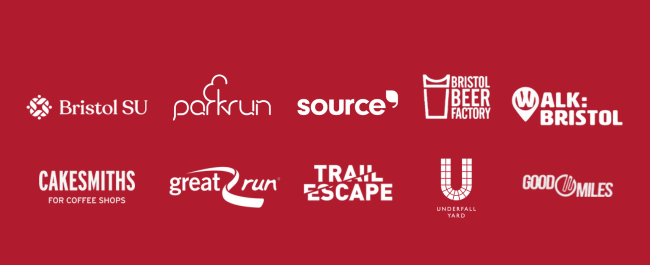 Banners shows the logos of partners with the Bristol Run Series including 'Bristol SU', 'Parkrun', 'Source', 'Bristol Beer Factory', 'Walk Bristol', 'Cakesmiths', 'Great Run Company', 'Trail Escape', 'Underfall Yard' and 'Good Miles'.
