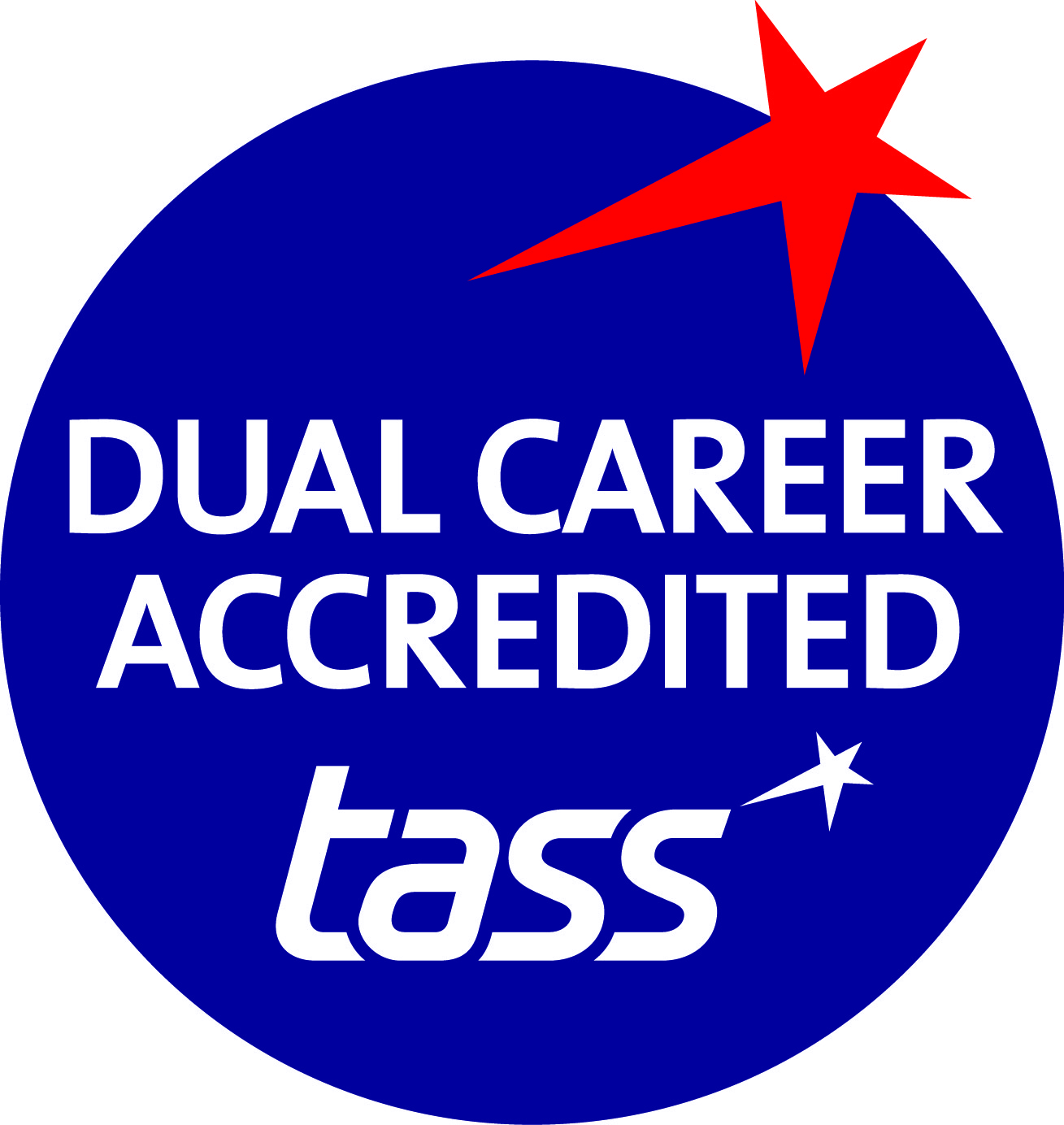 Blue circular badge with “Dual Career Accredited” text and TASS logo, with red and white star graphics.