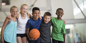 kids having timeout from basketball