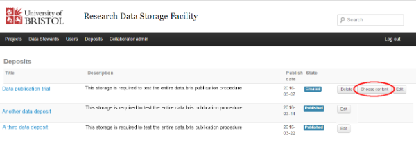 Screenshot of a list of deposits associated with an example project