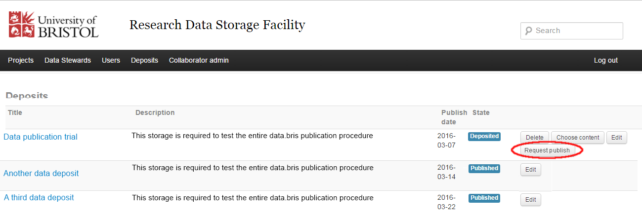 Screenshot of a list of sample deposits with the request publish option active