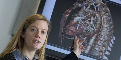 A teacher points at an anatomical illustration.