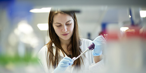 A student using a pipette.
