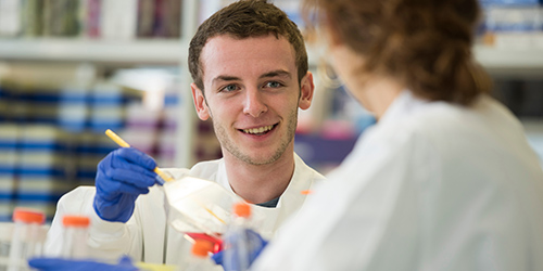 Two students working together in a laboratory.