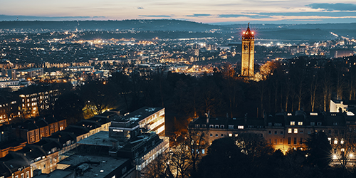 The city of Bristol shot from above at night.