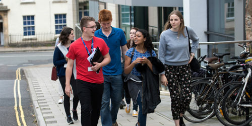 A group of prospective students being led around campus by a Bristol student ambassador.
