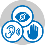 Icons of an eye, ear and hand depicting disabilities.