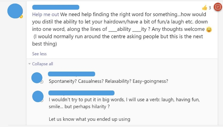 MS Teams chat where someone is asking for help with finding a word that describes an ability to have fun.