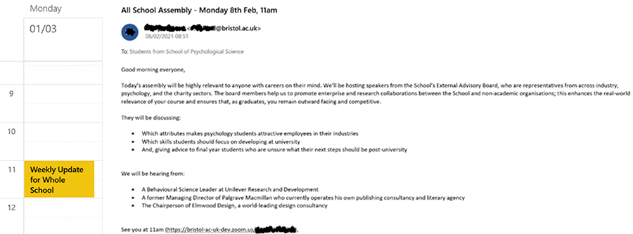 Calendar entry for the School Assembly titled Weekly Update for whole School. Email announcing the topics and speakers at one of the All School Assemblies.
