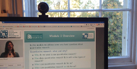Part of a monitor with an open browser showing a course. There is a window behind the monitor, showing plants and sunlight.