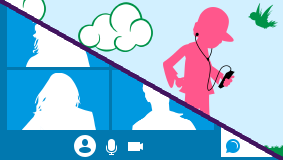 The image is split in half. One half shows a video conferencing tool, the other half a person listening to something on their phone, outside.