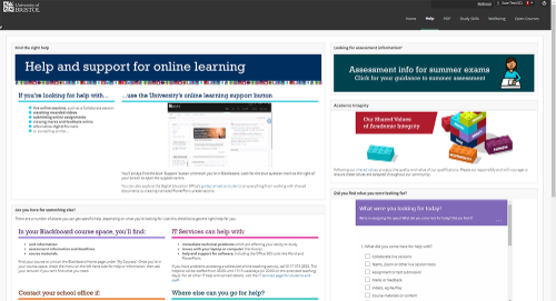 Student Help Tab in Blackboard 2021 Screenshot. Includes sections for Help and support for online learning, Academic Integrity and more.