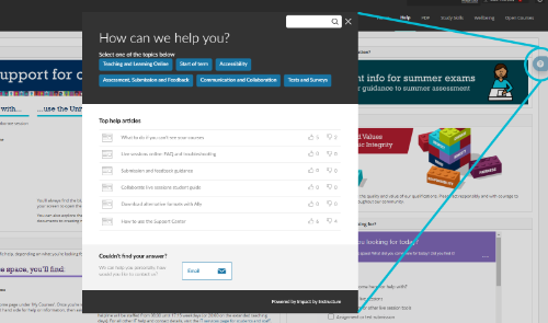 The support button to the top right of Blackboard is highlighted and the popup shows help topics and a search bar.