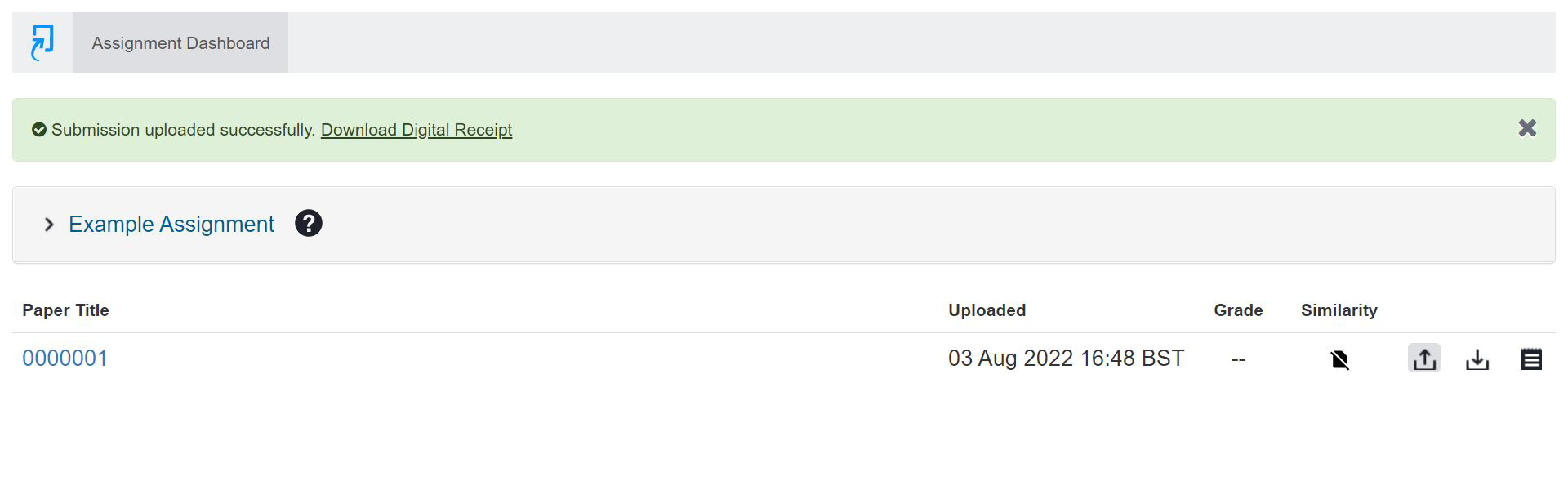 Screenshot of the new page after submission, which shows a green bar at the top indicating successful upload, with a link to Download Digital Receipt.