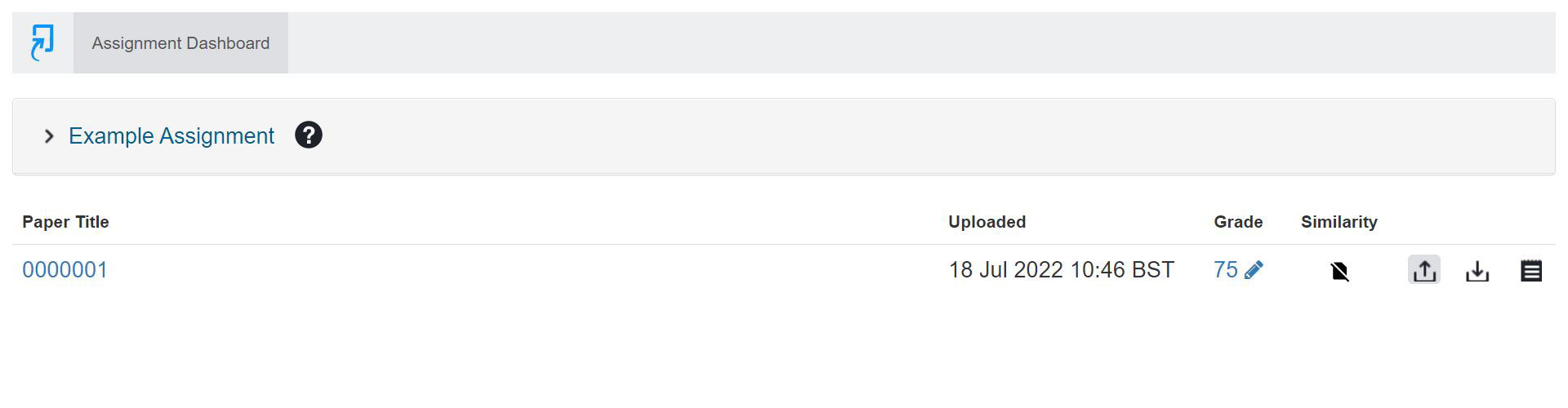 Screenshot of the new page after feedback is available, which shows a clickable Paper Title for the assignment, along with other information such as date uploaded and Grade.
