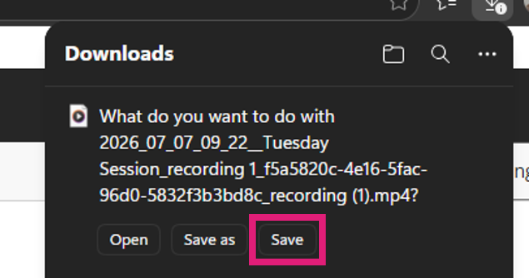 Downloads popup showing the downloaded Class Collaborate session