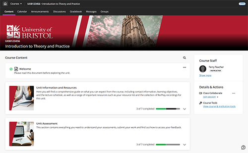 Blackboard course using the template.