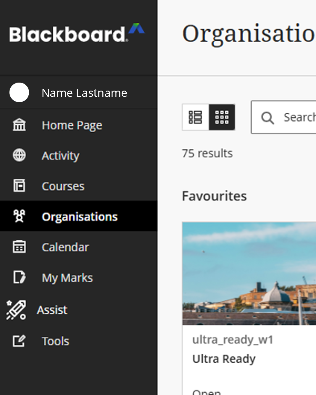 Organisations is selected in Blackboard's left-hand menu.