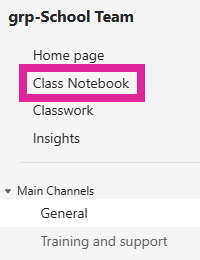 Screenshot of a Teams space with the Class Notebook highlighted.