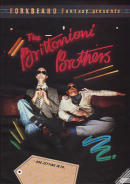 Two men in suits wearing sunglasses lounging on sofa in front of neon sign that reads The Brittonioni Brothers