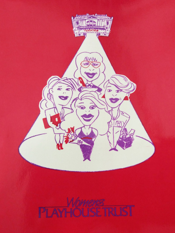 A logo that says Women's Playhouse Trust at the bottom with a red background and an illustration of four women lit up from a spotlight originating from a theatre in the background