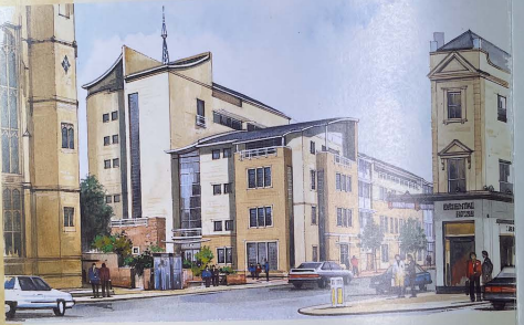 An illustration of a large multi-storey building at the side of a road. The building's sandstone matches other nearby buildings, but it has a distinctive curved roof.