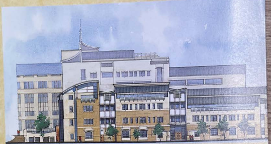 An illustration of a large multi-storey building, with sandstone walls and curved roofing.