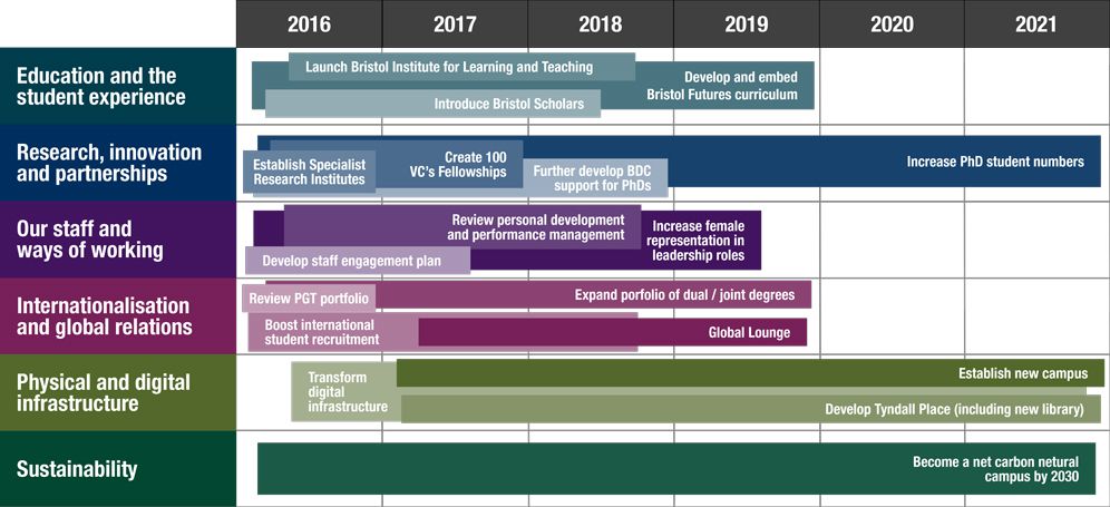 Infographic showing the intended timeline for implementing our strategy between 2016-2021