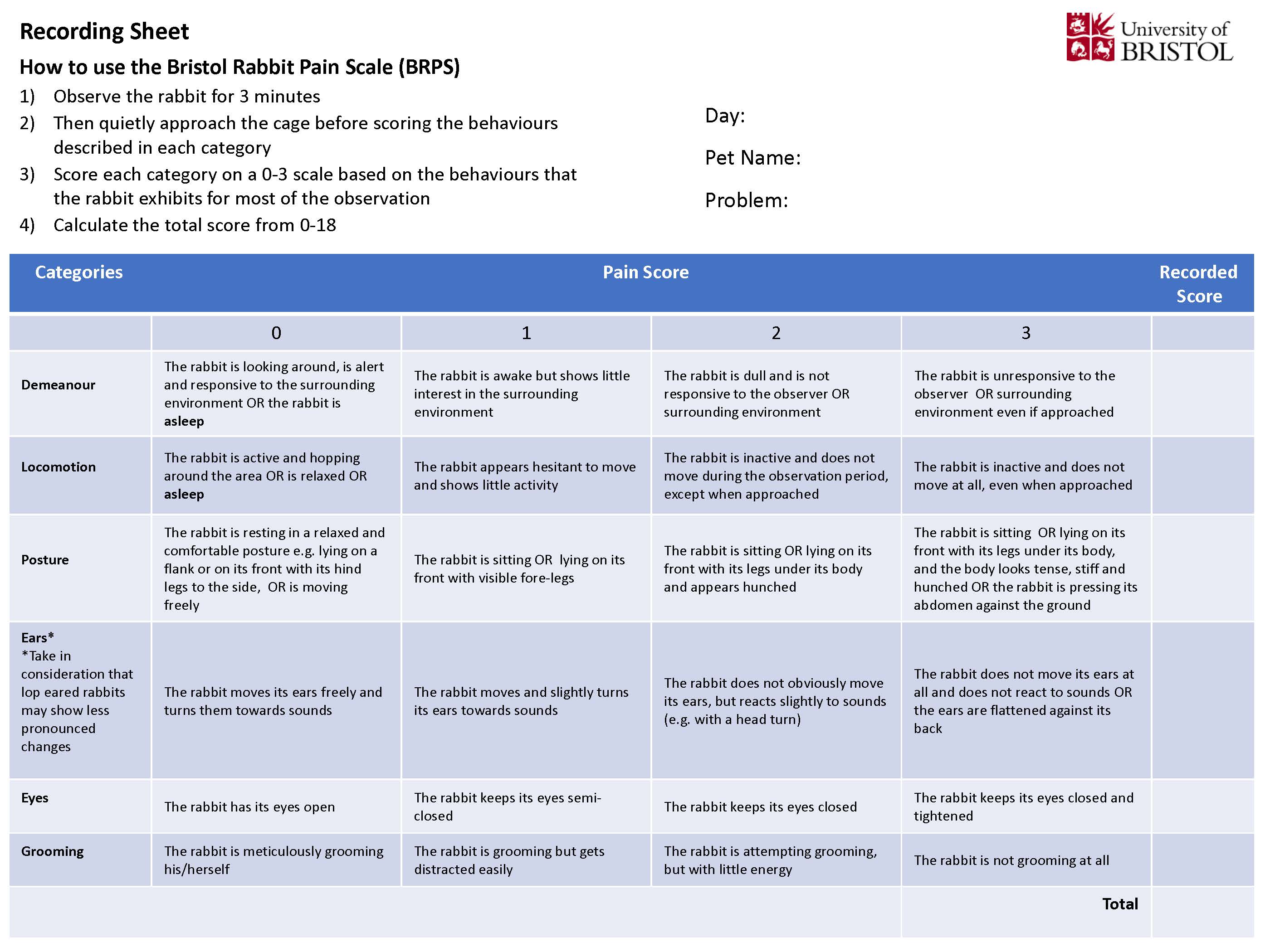 Bristol rabbit pain scale, Bristol Veterinary School