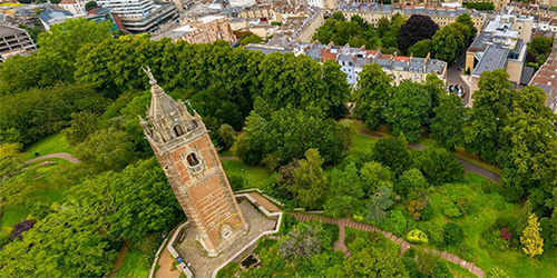 An aerial photograph of Cabot Tower and Brandon Hill.